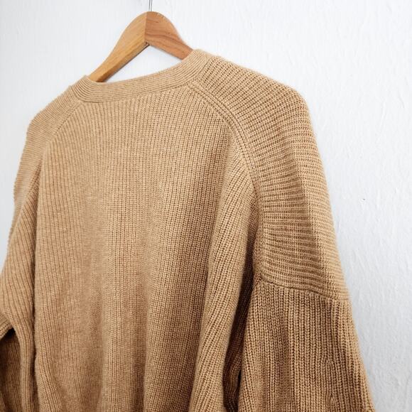 A.L.C May Ribbed Knit Slouchy V-Neck Merino Wool Cardigan Sweater in Camel - Picture 13 of 14